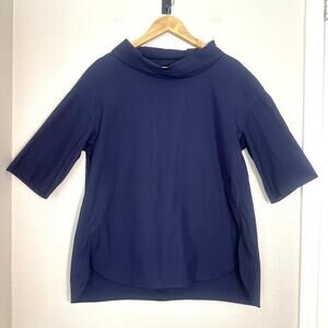COS Navy Blue Crisp Cotton Boxy Funnel Neck Top, Minimalist, Structured, Small